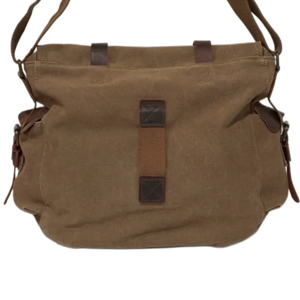 LUXUR Large Brown Canvas Messenger Bag Leather Straps